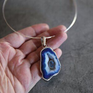 Sterling Blue Kyanite and Blue Agate Pendant Necklace Collar